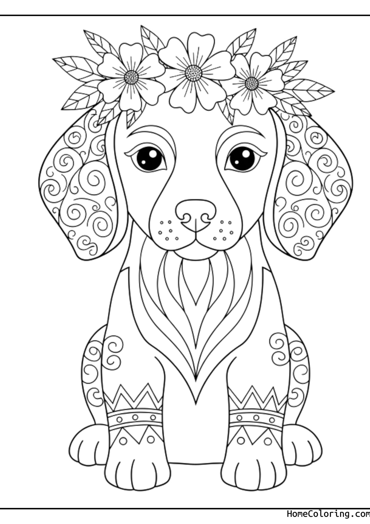 Coloring page: a puppy wearing a crown of flowers.