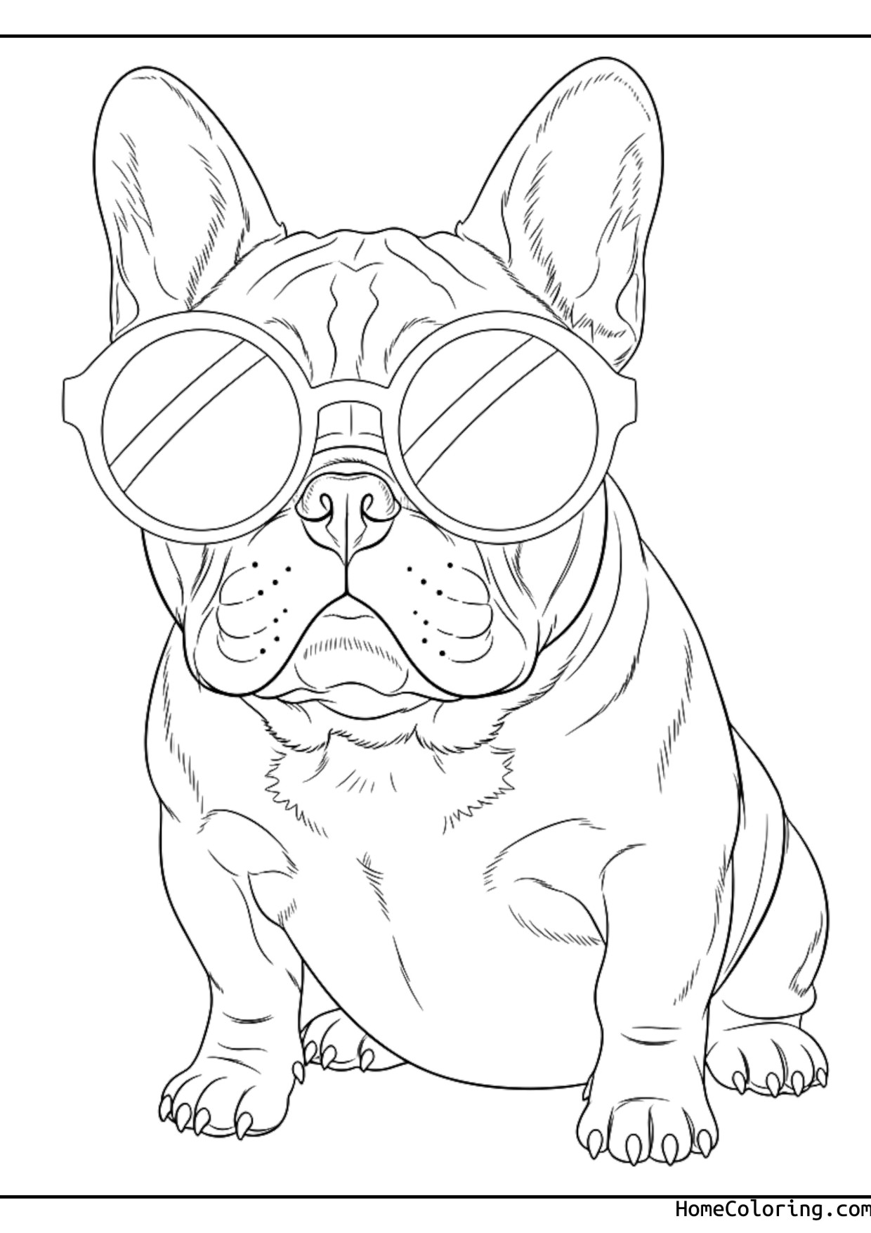 Coloring page: a french bulldog wearing sunglasses.