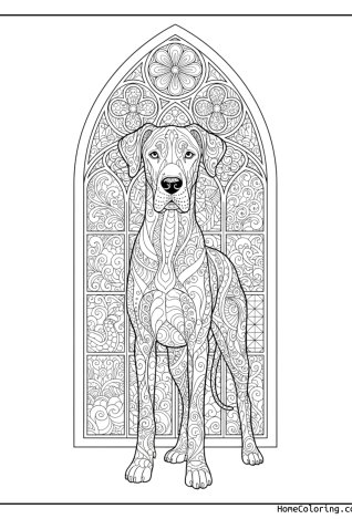 Malvorlage: eine Deutsche Dogge in einem Buntglasmuster.