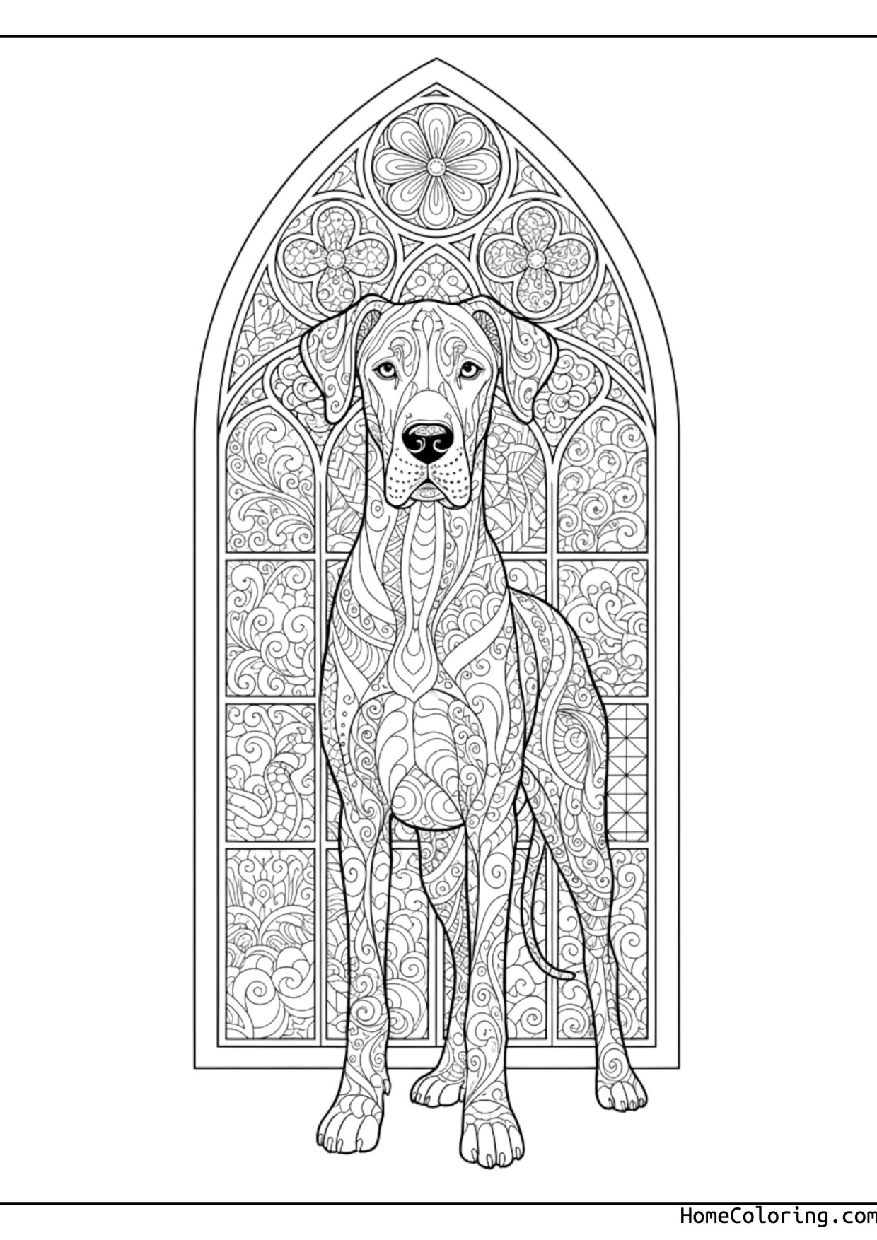 Coloring page: a great dane framed by a stained-glass pattern.