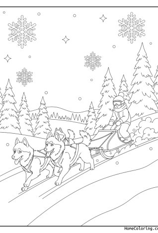 Malvorlage: ein Husky, der einen Schlitten durch den Schnee zieht.
