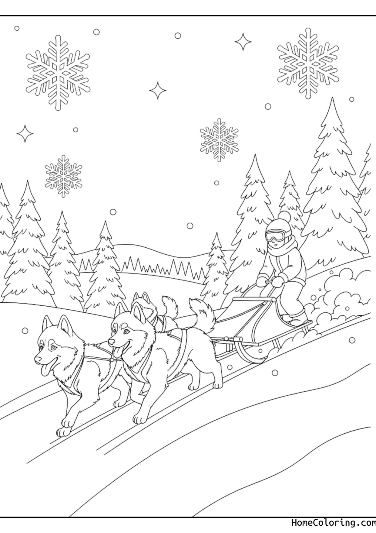 Coloring page: a husky pulling a sled through the snow.