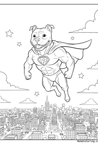 Coloring page: a pitbull as a superhero flying above the city.
