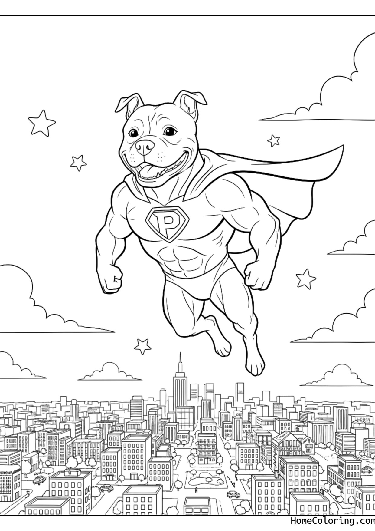 Coloring page: a pitbull as a superhero flying above the city.