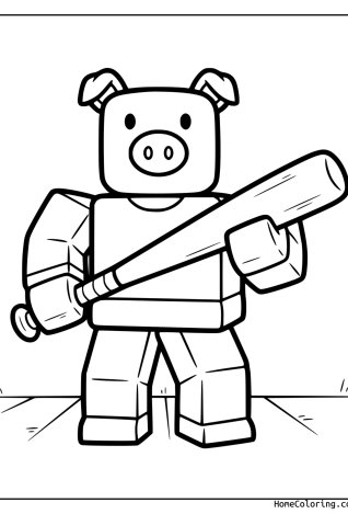 Coloring page: The Piggy character holding a long wooden bat.