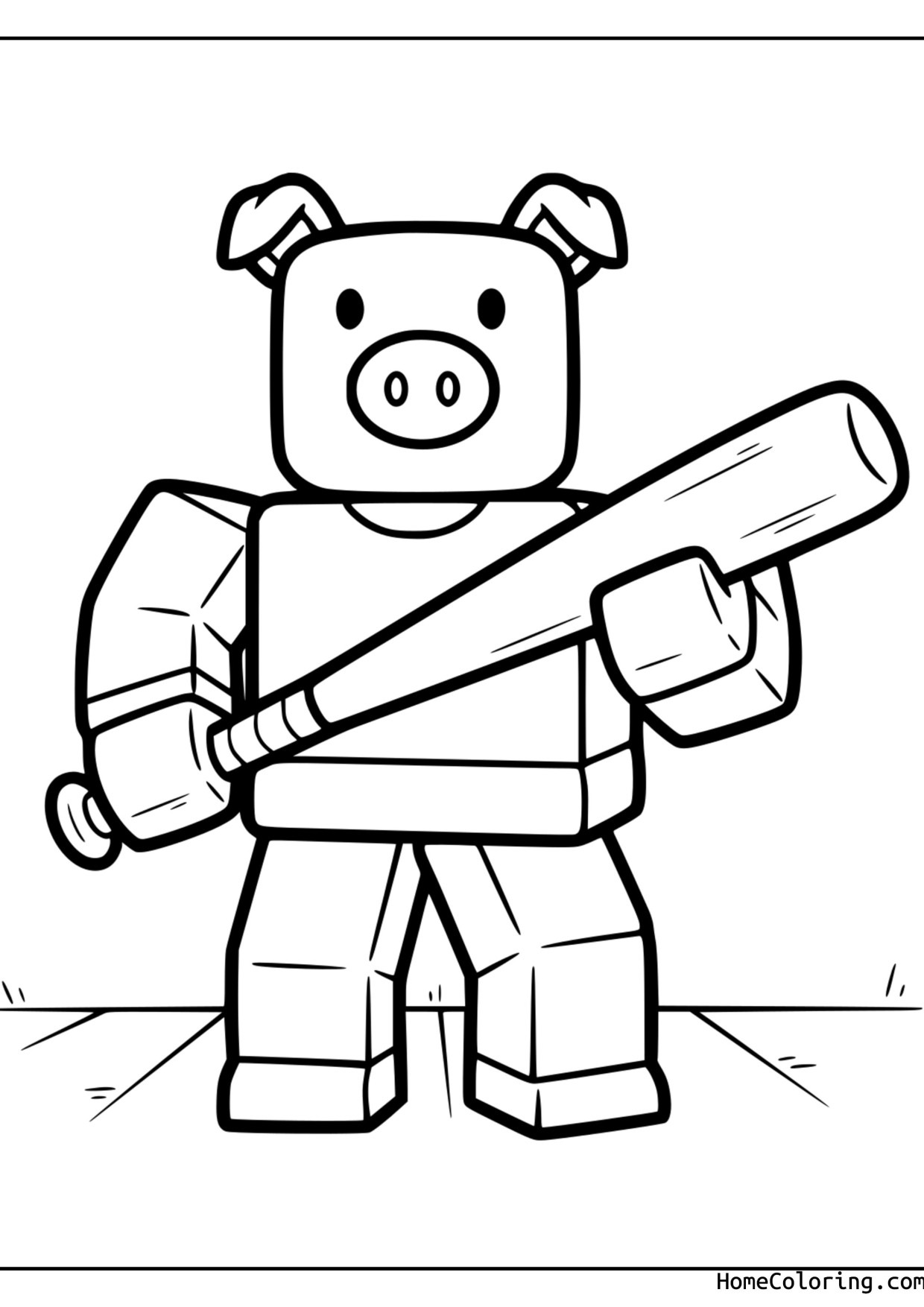Coloring page: The Piggy character holding a long wooden bat.