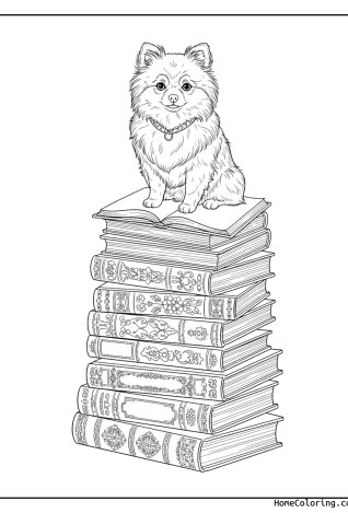 Coloring page: a pomeranian sitting on a stack of books.