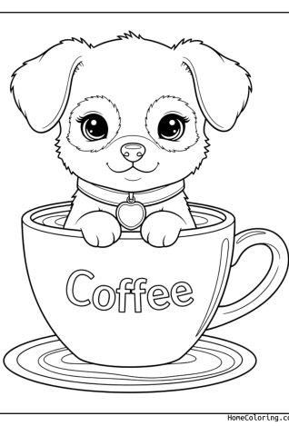 Coloring page: a tiny puppy sitting in a coffee cup.