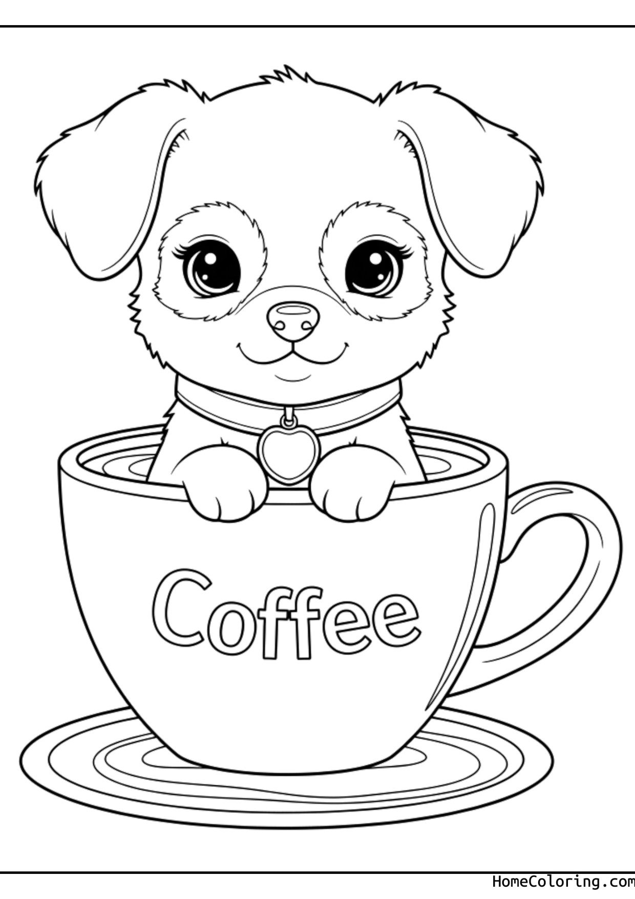 Coloring page: a tiny puppy sitting in a coffee cup.
