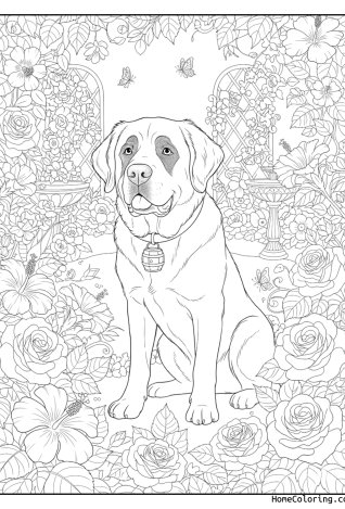 Coloring page: a saint bernard in a blooming flower garden.