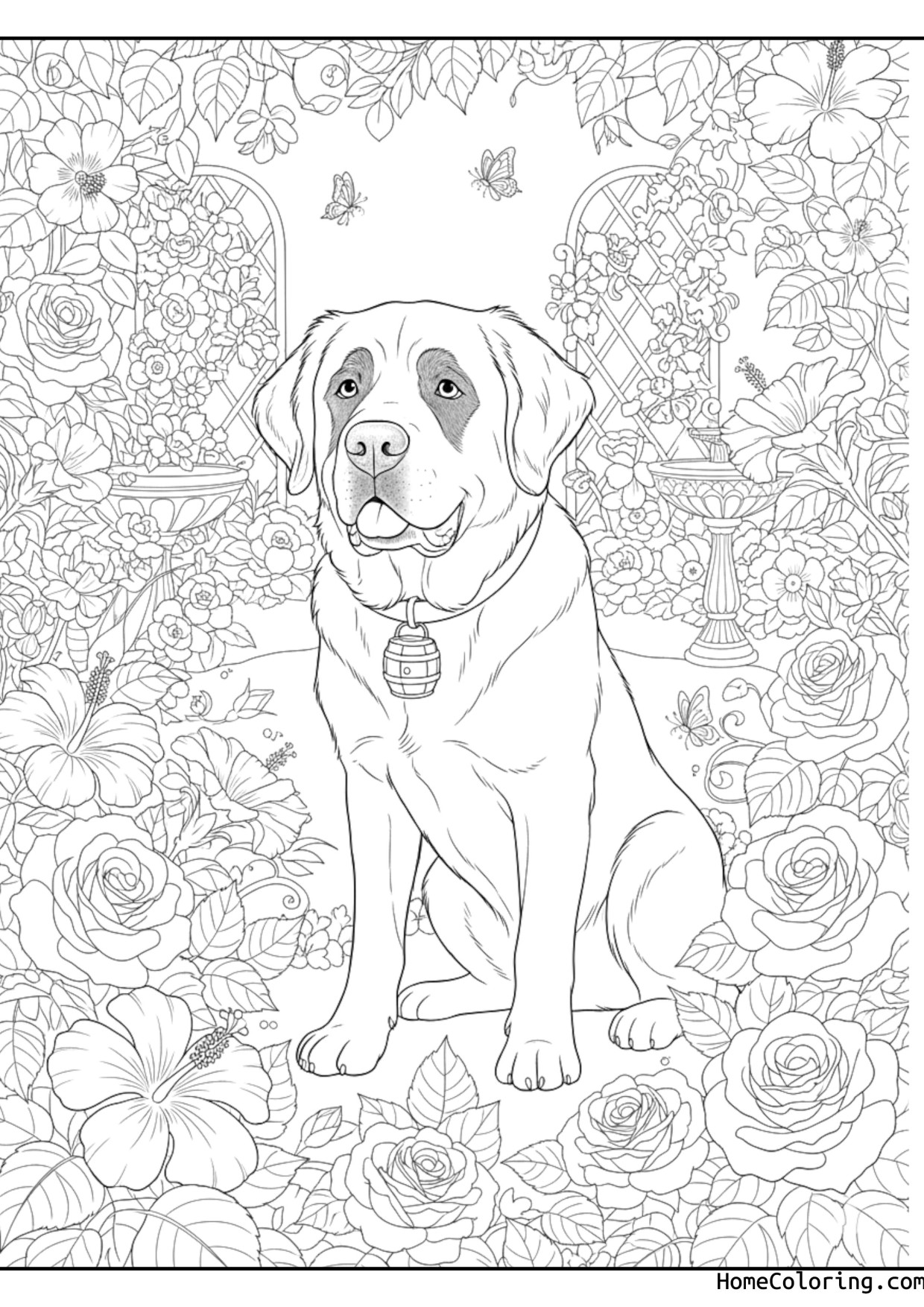 Coloring page: a saint bernard in a blooming flower garden.