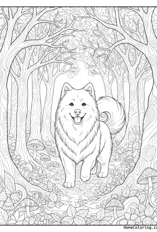 Coloring page: a samoyed dog in a magic forest.