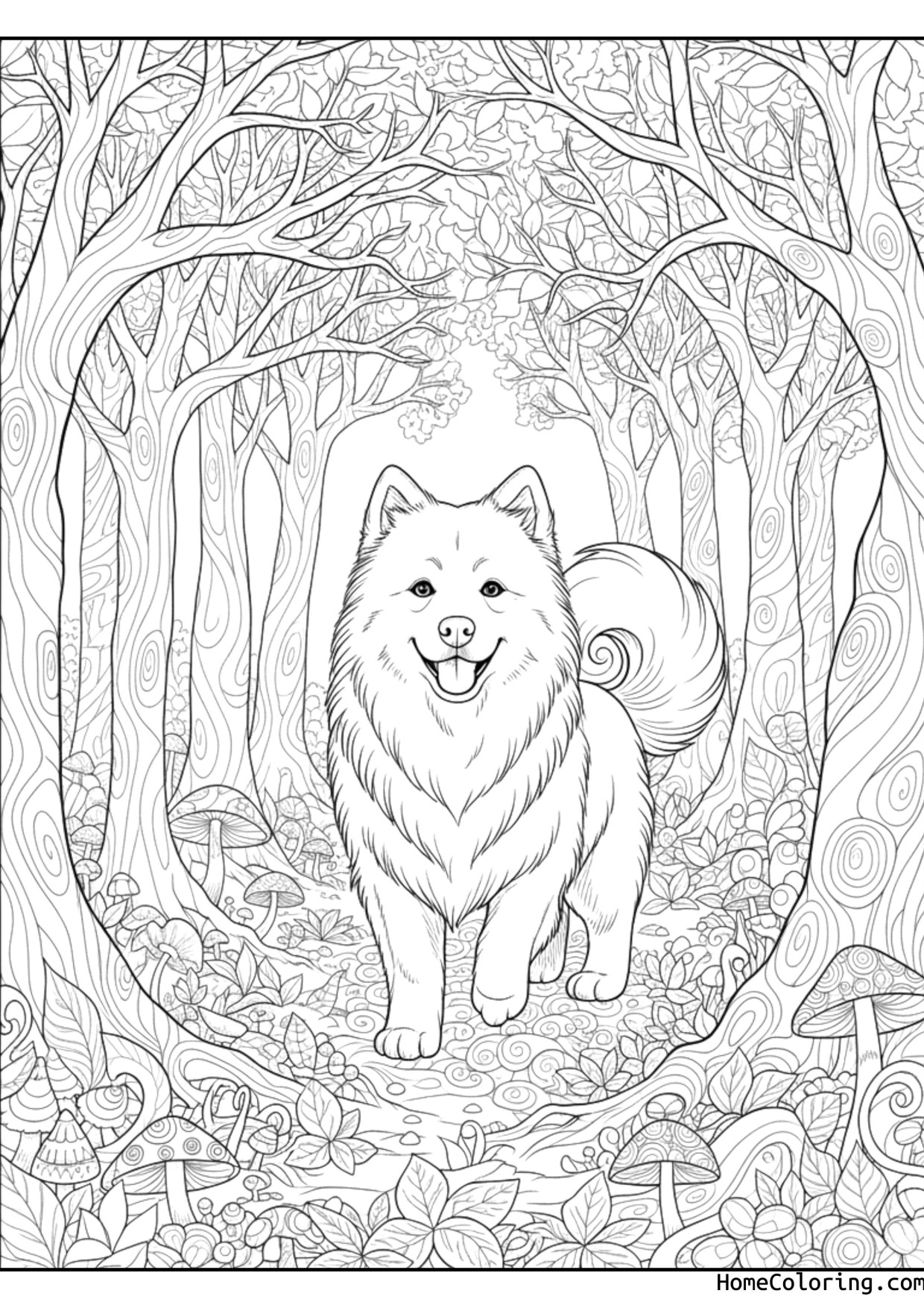 Coloring page: a samoyed dog in a magic forest.