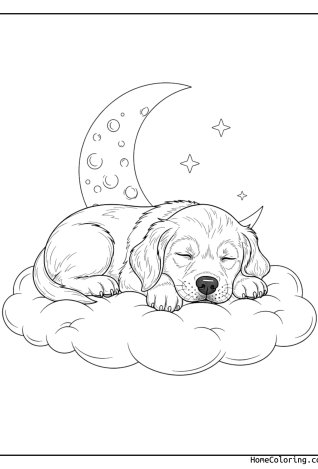 Coloring page: a dog sleeping peacefully curled up.