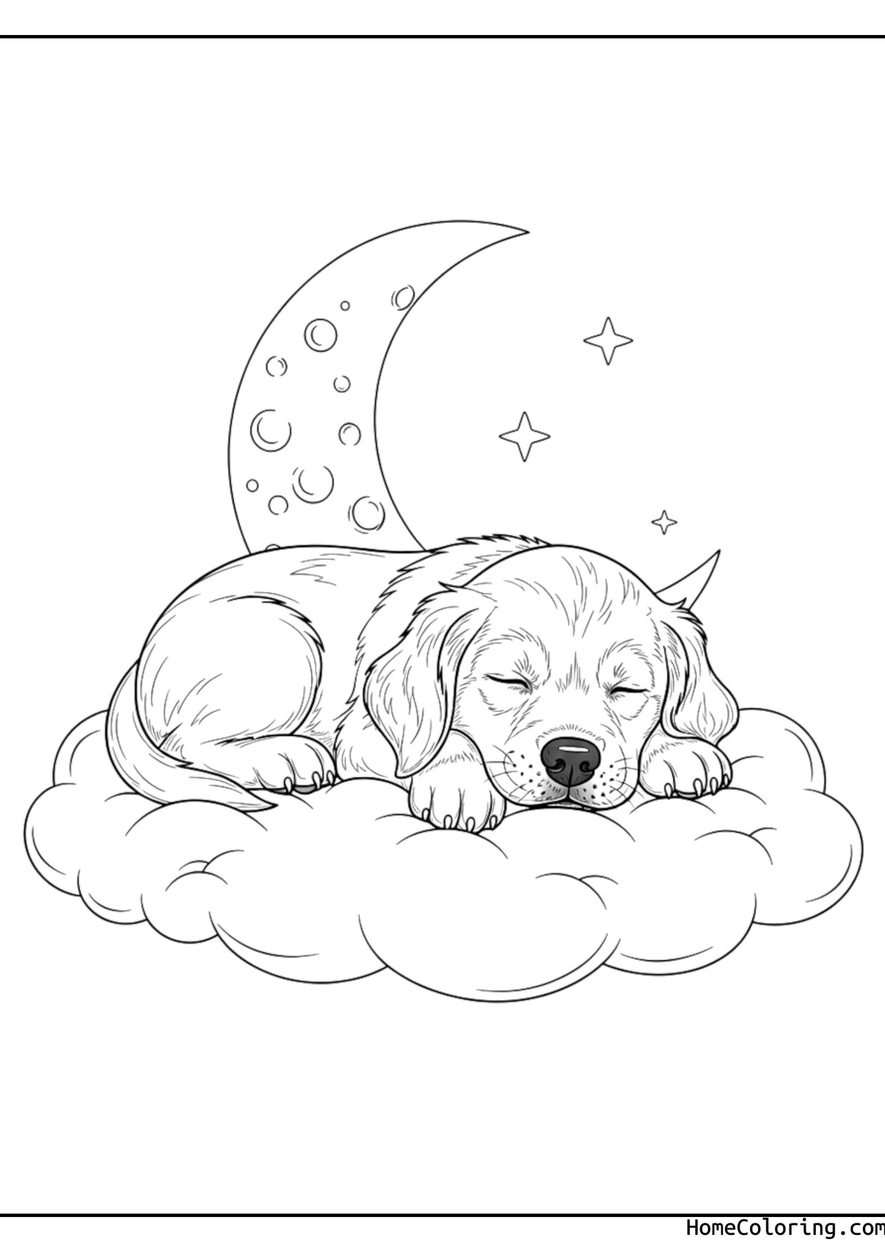 Coloring page: a dog sleeping peacefully curled up.