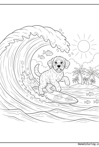 Coloring page: a dog surfing on a board on a big wave.