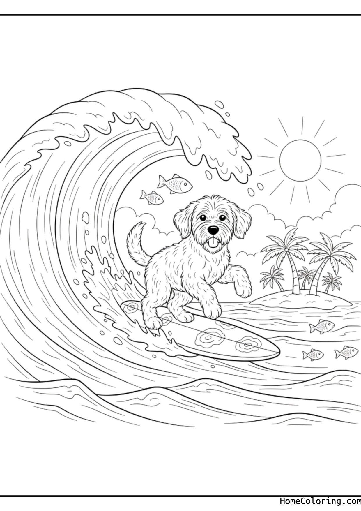 Coloring page: a dog surfing on a board on a big wave.