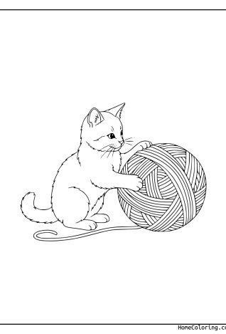 Malvorlage: eine Katze, die mit einem Wollknäuel spielt.