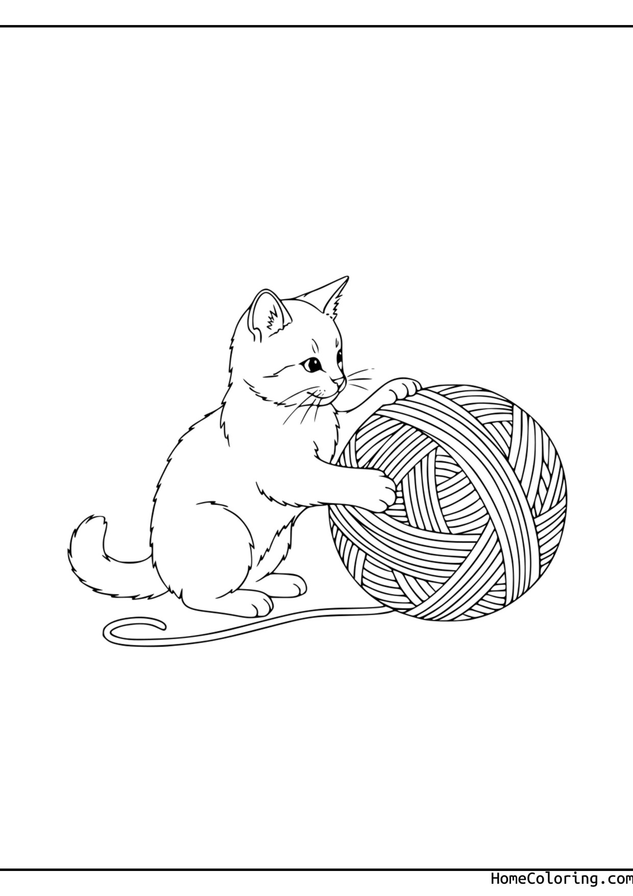 Coloring page: a cat playing with a ball of wool.