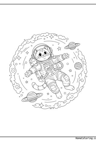 Malvorlage: eine Katze im Astronautenanzug im Weltraum.