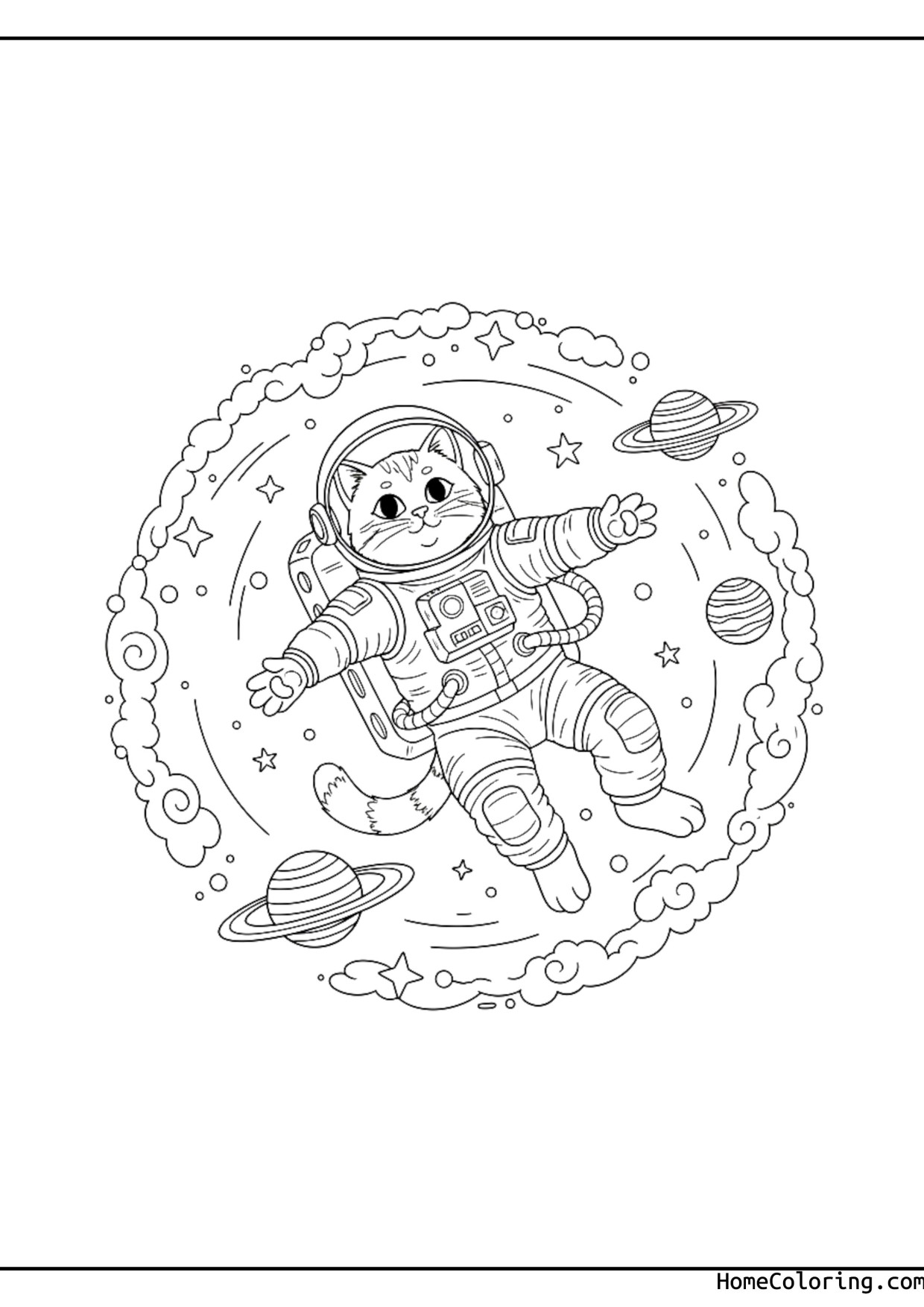 Coloring page: a cat in an astronaut suit in space.