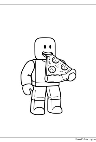 Coloring page: A Roblox character eating a big slice of pizza.