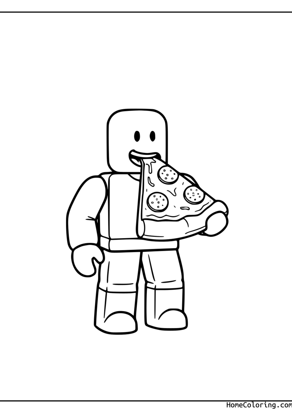Coloring page: A Roblox character eating a big slice of pizza.