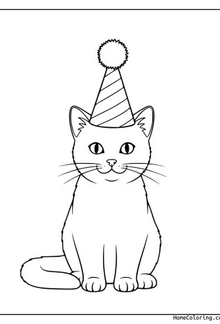 Malvorlage: eine Katze mit Partyhut und Luftballons.