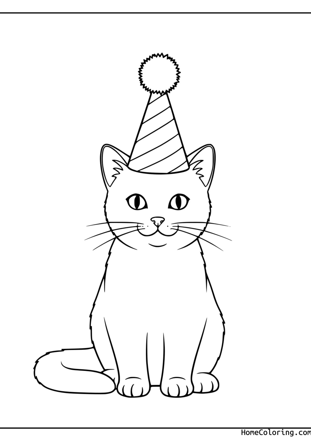 Coloring page: a cat with a party hat and balloons.
