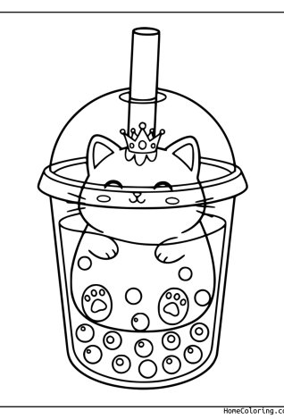 Malvorlage: eine Katze mit einem Becher Bubble Tea.