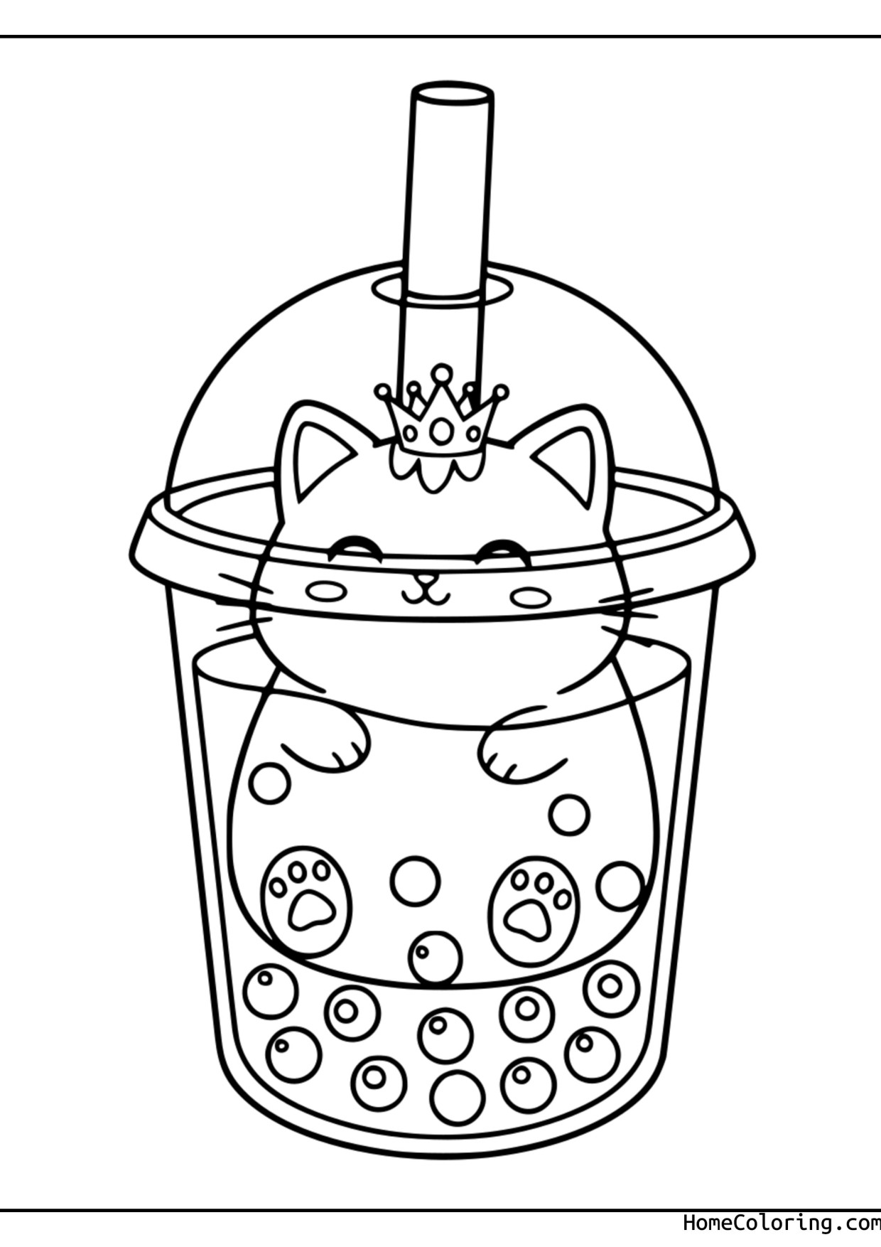 Coloring page: a cat holding a cup of bubble tea.