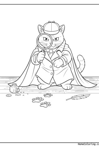 Malvorlage: eine Katze als Detektiv mit Lupe.