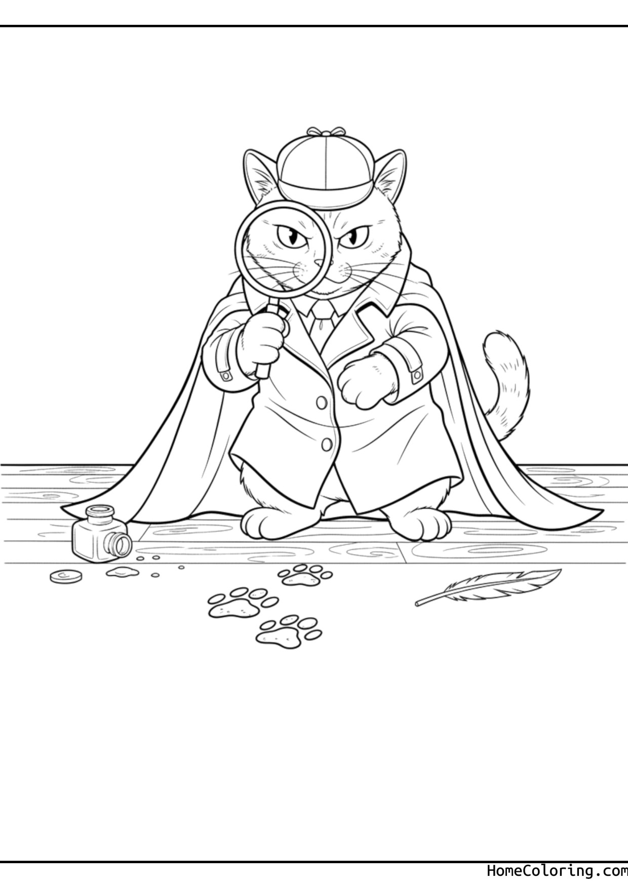 Coloring page: a cat as a detective with a magnifying glass.