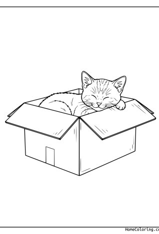 Malvorlage: eine Katze in einem Karton.