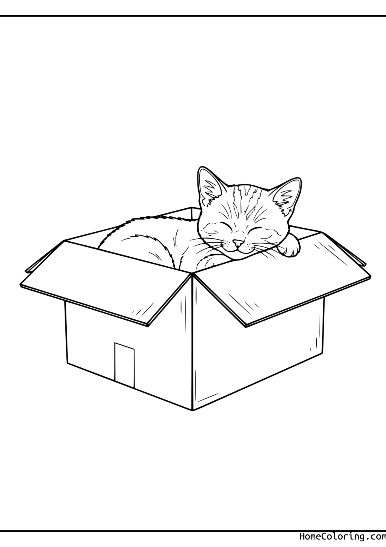 Coloring page: a cat peeking out of a cardboard box.