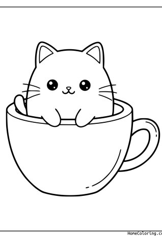 Malvorlage: ein Kätzchen in einer Tasse.