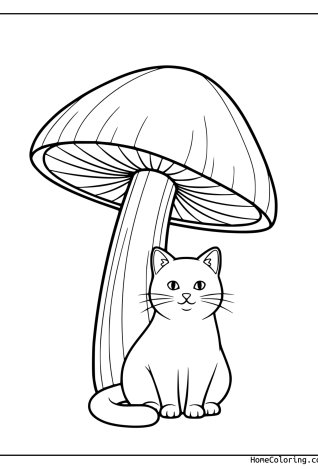 Malvorlage: eine Katze neben einem großen Pilz.