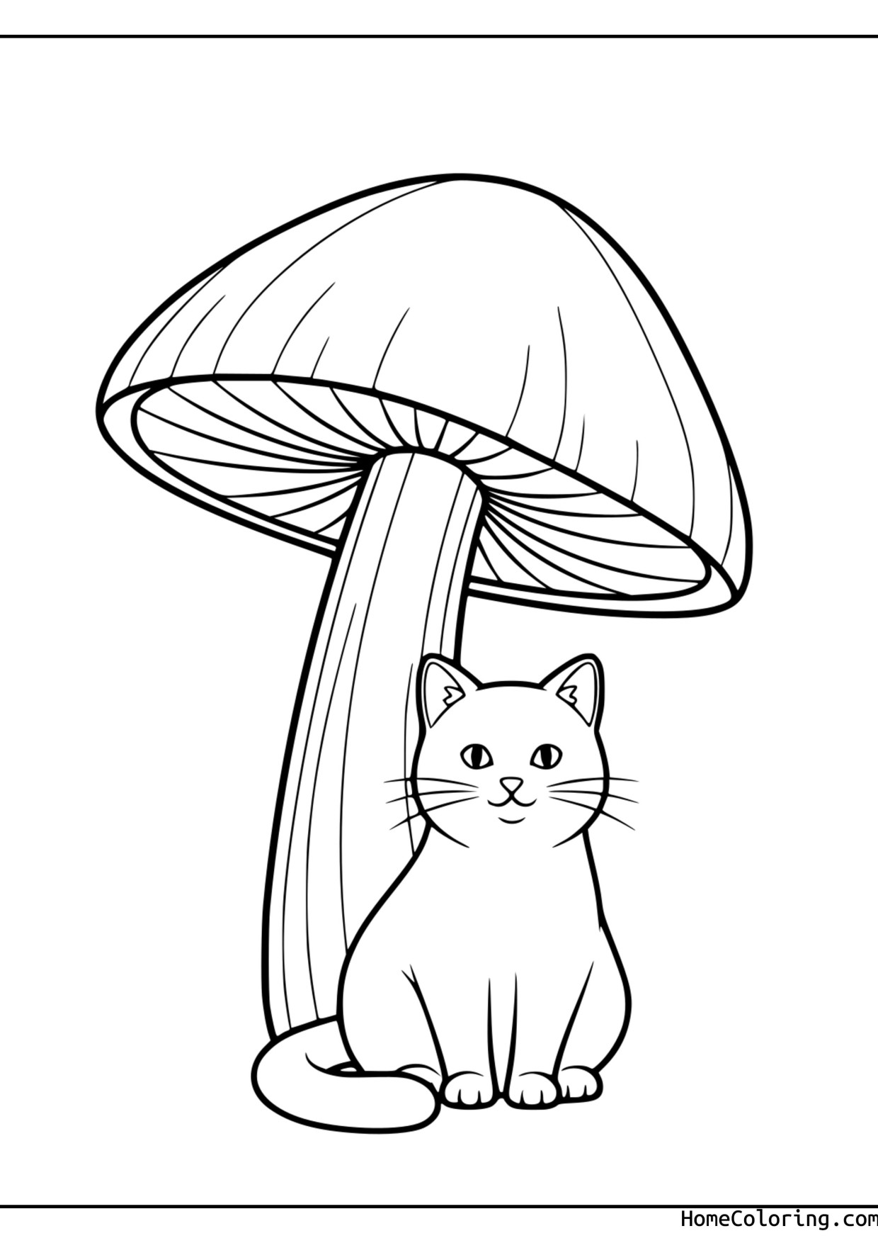 Coloring page: a cat next to a big mushroom.