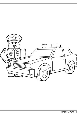 Coloring page: A Roblox police officer standing next to a patrol car.