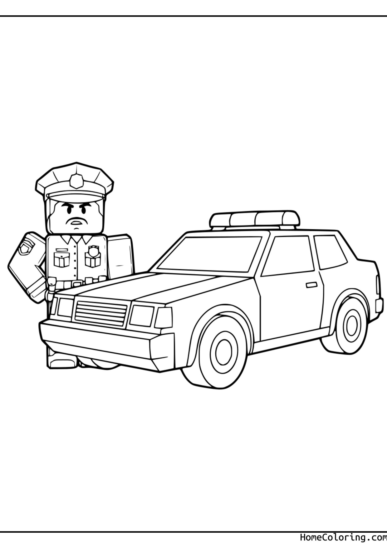 Coloring page: A Roblox police officer standing next to a patrol car.