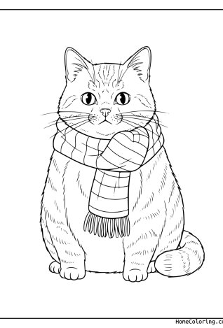 Malvorlage: eine Katze mit warmem Schal.