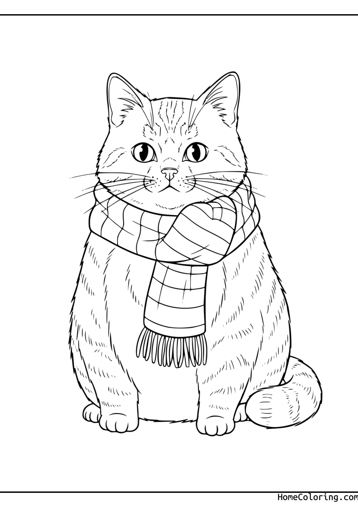 Coloring page: a cat wearing a warm scarf.