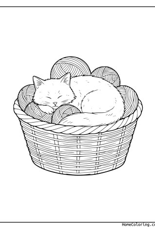 Malvorlage: eine Katze in einem Wollknäuel.