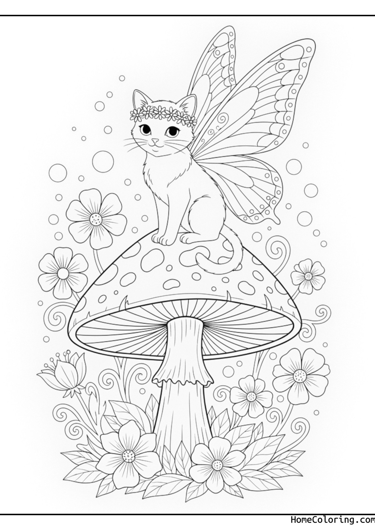 Coloring page: a cat as a fairy sitting on a mushroom.