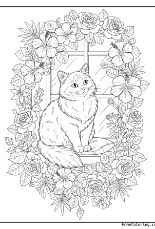 Malvorlage: eine Katze im Fenster mit Blumentöpfen.
