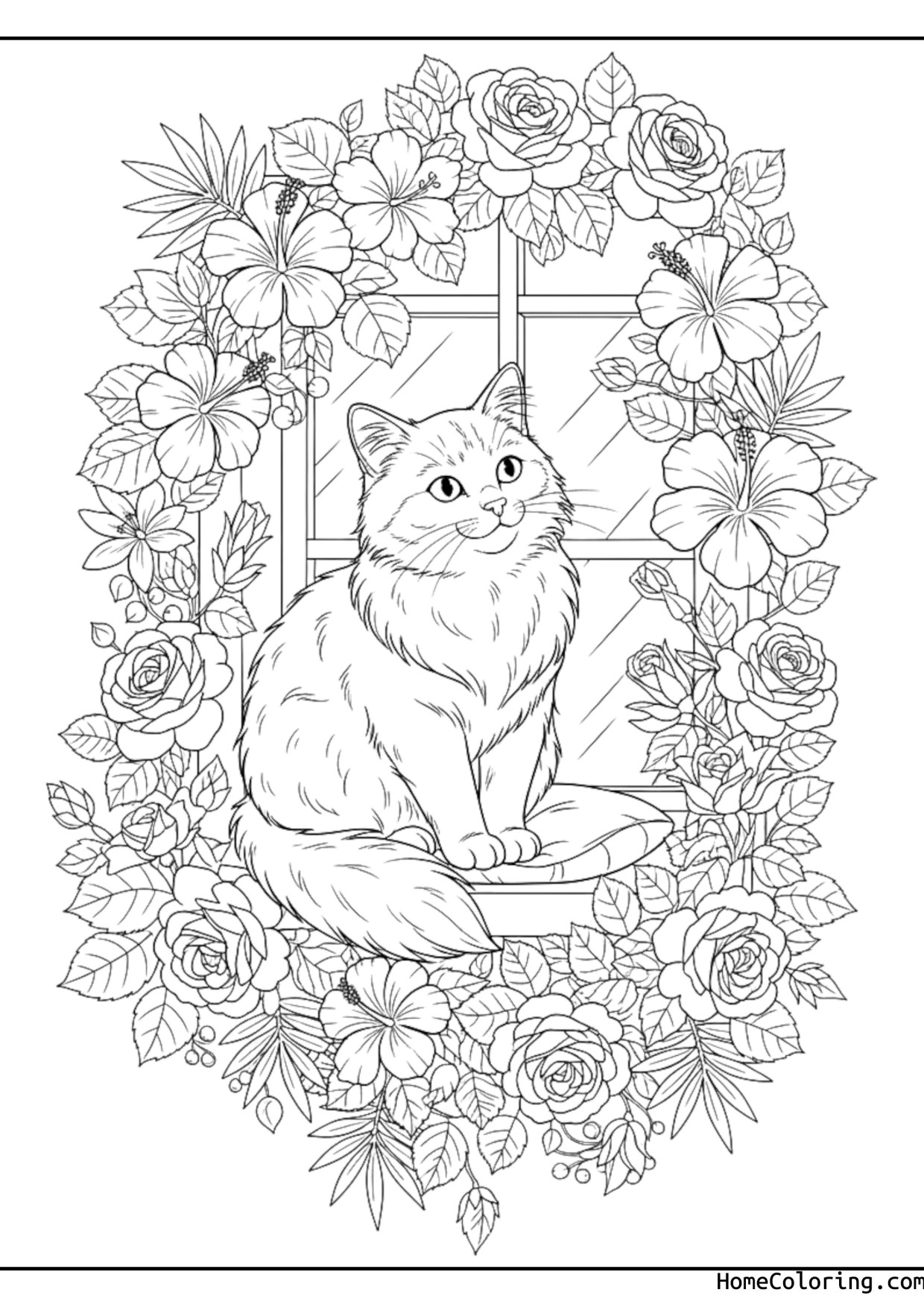Coloring page: a cat sitting in a window with flower pots.