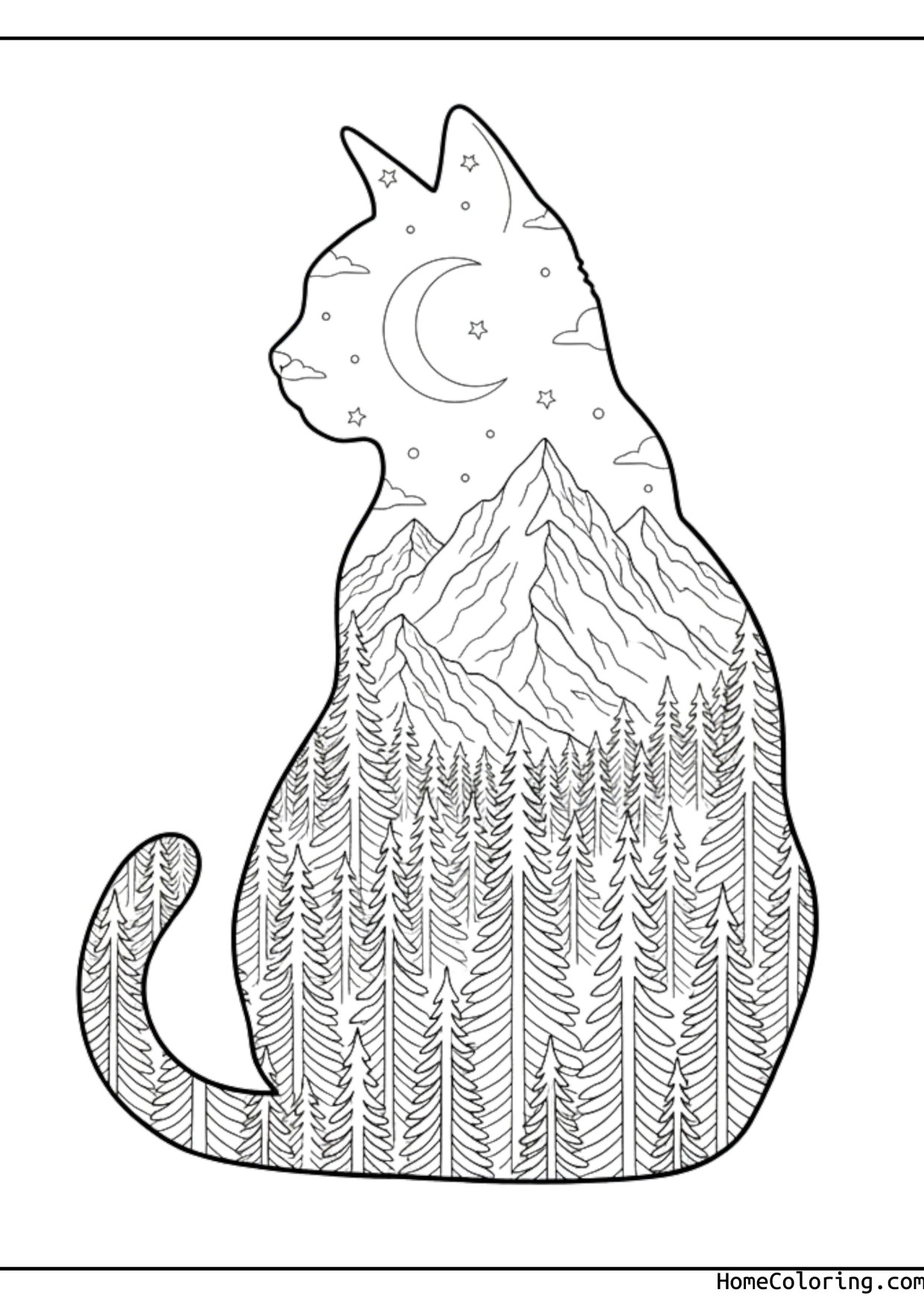 Coloring page: a cat on a windowsill framed by a floral wreath.