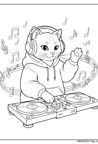 Coloring page: a cat as a DJ with headphones and records.