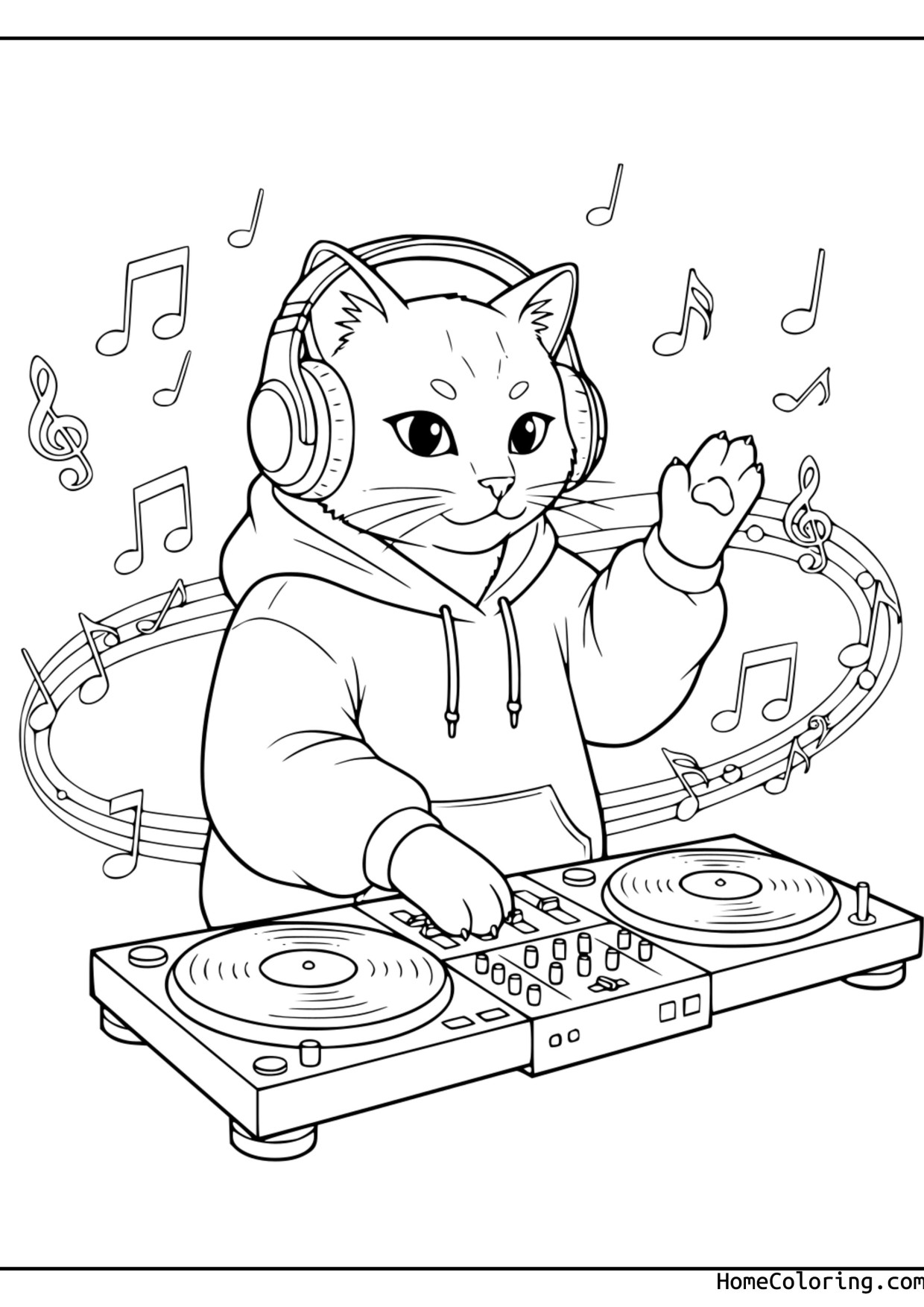 Coloring page: a cat as a DJ with headphones and records.