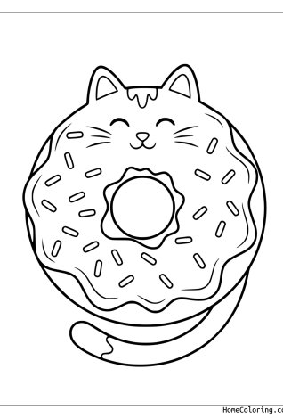 Coloring page: a cat sitting inside a big donut.